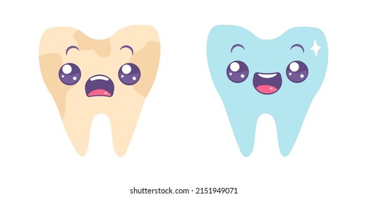 Vector set icons of dirty teeth and white tooth. Vector illustration of tooth in kawaii style.