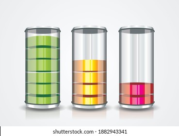 Vector set of icons to display different levels, content, and percentages. It can be used as a battery charge symbol or as a chart, timeline, or infographic.