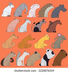 Vector set icons of domestic, farm and wild animals. Flat vector illustration