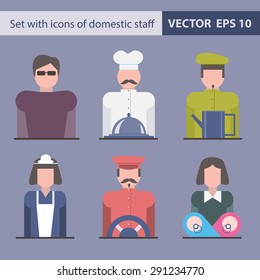 Vector Set With Icons Of Domestic Staff. Flat Icons Of Security Guard, Cook, Gardener, Housekeeper, Driver, Babysitter  For Use In Design