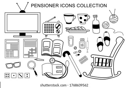 Vector set of icons an elderly man. Life and activities for a pensioner - a newspaper and a crossword puzzle, domino games and medicine. Isolated outline