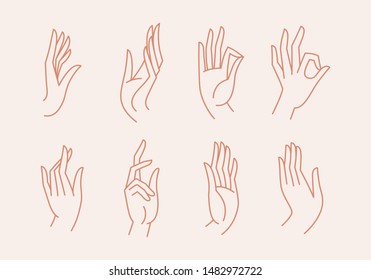 Vector set of icons and emblems in linear style - hands and gestures 
