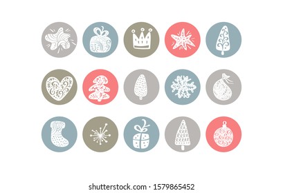 Vector set of icons and emblems for social media story highlight covers. Christmas design templates for lifestyle, bloggers and designers
