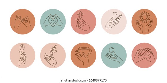 Vector set of icons and emblems for social media story highlight covers - design templates for lifestyle, travel and beauty bloggers and photographers, designers, creative entrepreneurs - hands 