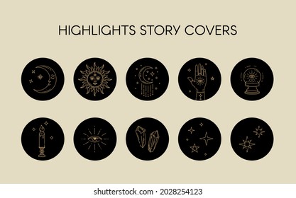 Conjunto de vectores de iconos y emblemas para las historias celestes de medios sociales destacan las cubiertas - plantillas de diseño. Diseño abstracto de elementos dorados sobre fondo de círculo negro  