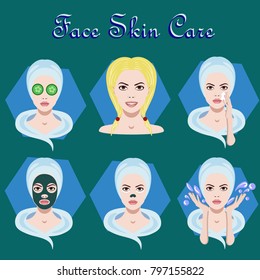 Vector set of icons with facial skin treatment and care for cosmetology
