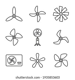 Vektorset von Lüftern, Propellern, rotierenden Schaufeln, Ventilator. Linearer Stil, bearbeitbarer Strich. 