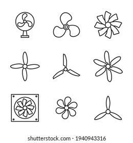 Vector set of icons of fans, propellers, rotating blades, ventilator. Linear style, editable stroke. 