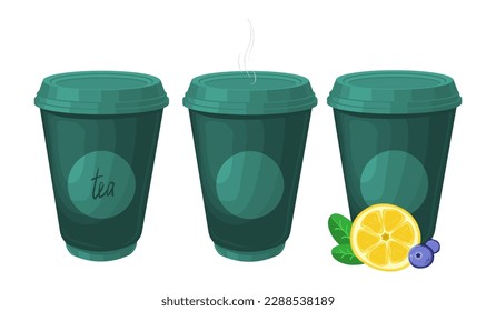 A vector set of icons featuring green paper cups with different designs and patterns, perfect for tea shops and cafes. Vector illustration