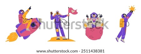 Vector set of icons of female astronauts in a spacesuit: flying on a rocket, sitting on a planet, holding a star, placing a flag,isolated on a white background