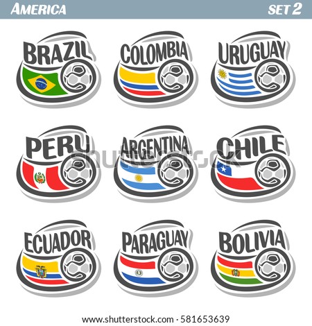 Vector set icons of Flags American National Teams with Soccer ball: teams countries centennial Cup America or copa america centenario, south american football national logo flags for soccer tournament