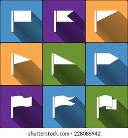 Vector set of icons flags with long shadow on color background for design