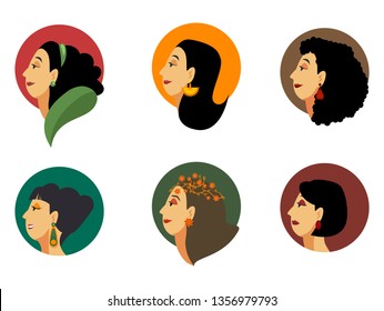 vector set of icons, flat style different women with make up and earrings and various hairstyles, female profile avatars