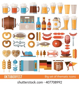 Vector set of icons in a flat style for Oktoberfest. Different types of beer, cups, bottles, glasses, snacks, sausages, pretzels, national flags, and other attributes of the Oktoberfest. 