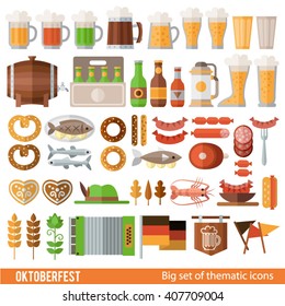 Vector set of icons in a flat style for Oktoberfest. Different types of beer, cups, bottles, glasses, snacks, sausages, pretzels, national flags, and other attributes of the Oktoberfest. 