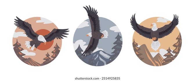 Un conjunto de iconos de Vector con águilas calvas voladoras sobre el fondo de los bosques y las montañas, ideal para Imágenes de viaje y naturaleza o Elementos decorativos.