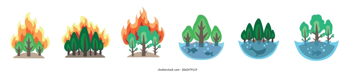 Vector set of icons forest fire and flood, forest water. Ecological disaster and global warming. Vector ecological set for your design booklets,  posters, web site. 
