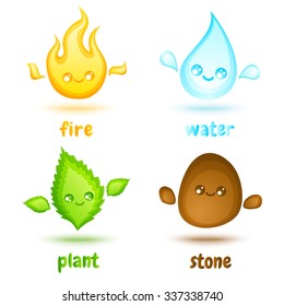 Vector set icons four elements in kawaii style