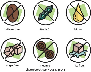 vector set icons of free products. Consist of icons of free caffeine, soy, fat, sugar, nut and ice. 