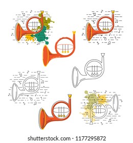 Vector set with icons of french Horn isolated on white background. Flat and line style.