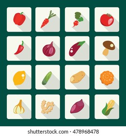 vector set icons of fresh and healthy food. Vegetables made in flat style with shadow, healthy eat concept.