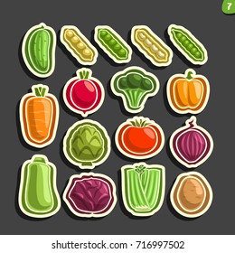 Vector Set icons of fresh Vegetables: 16 minimal labels for veg nutrition on black background, set of cartoon simple vegan stickers, tags for vegetarian organic food, flat vegetable graphic pictograms