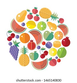 Vector set of icons with fruits and berries. Flat vector. Pear, Apple, pineapple, pomegranate, plum, apricot, grape, strawberry, watermelon, lime, lemon, orange, currant. fruit icons