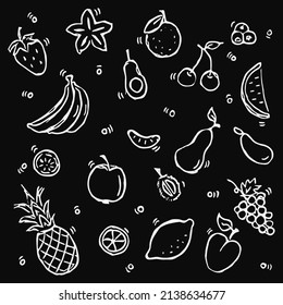 Vektorsymbol mit Früchten. Doodle-Vektorgrafik mit Früchten-Symbolen auf schwarzem Hintergrund. Vintage vegetarische Set-Symbole, süße Elemente Hintergrund für Ihr Projekt, Menü, Café-Shop.