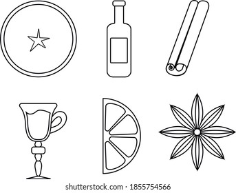 Vector set of icons. Glass tumbler with mulled wine. Cinnamon, star anise and lemon. Mulled wine ingredients. Warming drink. Vector image from contours.