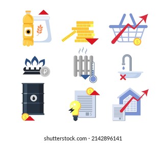 Vector set of icons. Global food shortages and rising prices: heating, electricity, water, fuel, utilities, gas, food. Inflation.