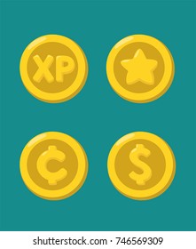 vector set of icons of gold coins with the image: experience points; dollar; cent; star. Stock image gold game cartoon xp coin art