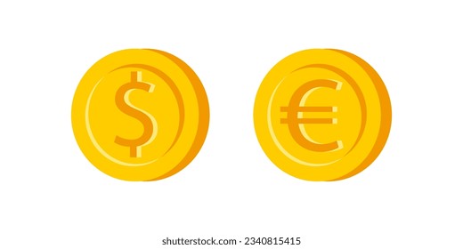 Vector set icons of golden coin in flat style. Dollar and Euro. Money.