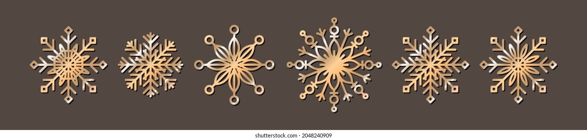 Vector set of icons of golden metal snowflakes. Concept of christmas, celebration, frost, snowflake, decorative symbol, holiday.	
