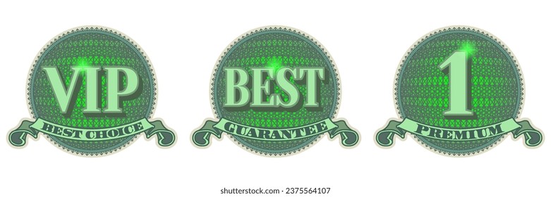 Vector set of icons. Green glowing stickers. 3D words. VIP, best choice, guarantee and premium. Ribbon and inscriptions. White isolated background.