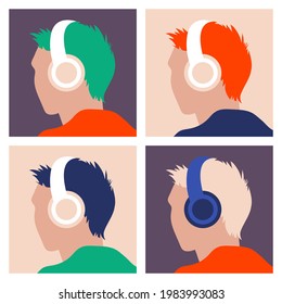 vector set of icons of a guy with headphones listening to a podcast, audiobook or online music in different trendy colors. useful for advertising music or podcast channels, web design elements, icons.