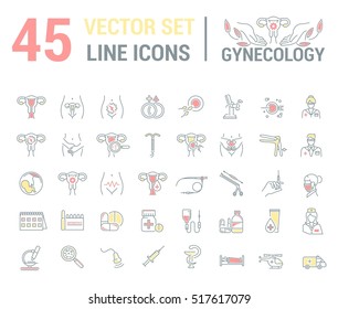 Vector set of icons. Gynecology, gynecological problem and disease. A symbol, sign, element, emblem, icon. The concept of the logo in a linear and flat style.