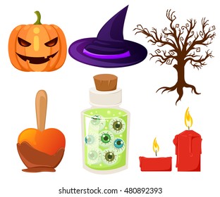 Vector set  icons for Halloween  Pumpkin, ghost, candy, witches cauldron and other traditional elements of Halloween. 