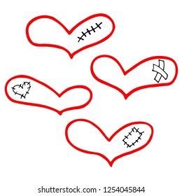 Vector set of icons. Hand drawn hearts with plaster, scar and patch in doodling style for Valentine's day. 