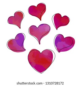 Vector set of icons. Hand drawn colorful watercolor coral, pink, purple hearts with black stroke in sketch, doodling style on white background. For Valentine's Day. 