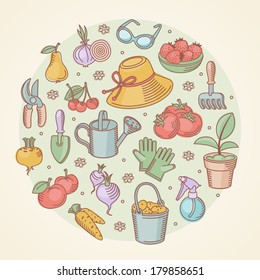 Vector set icons of hand drawn garden tools, vegetables and fruits. Vector illustration. Element for design.  It can be used for decorating of cards, decoration for bags and clothes.
