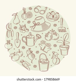 Vector set icons of hand drawn garden tools, vegetables and fruits. Vector illustration. Element for design.  It can be used for decorating of cards, decoration for bags and clothes.
