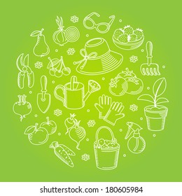 Vector set icons of hand drawn garden tools, vegetables and fruits. Vector illustration. Element for design.  It can be used for decorating of cards, decoration for bags and clothes.