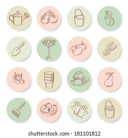 Vector set icons of hand drawn garden tools, vegetables and fruits. Vector illustration. Element for design. It can be used for decorating of cards, decoration for bags and clothes.