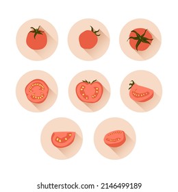 Vector set of icons with hand drawn red tomatoes for web design, stickers, labels. Fresh ripe whole tomato with slices. Organic tasty vegetable.