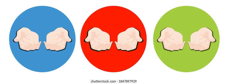 Vector set icons hands are holding bright glow light. Colored and white background. Sketch.