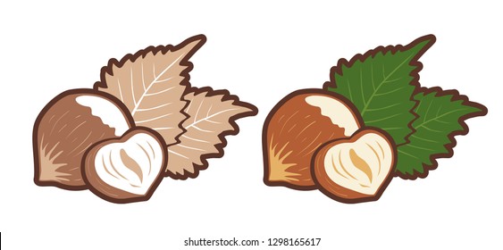 Vector Set Icons Of Hazelnut. Vector Emblems Hazelnuts