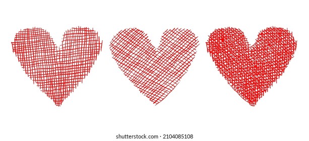 Vektorgrafiken setzen Symbole des Herzens in handgezeichneter Form. Vektorgrafik der roten Herzen im Grunge-Stil für den Valentinstag.