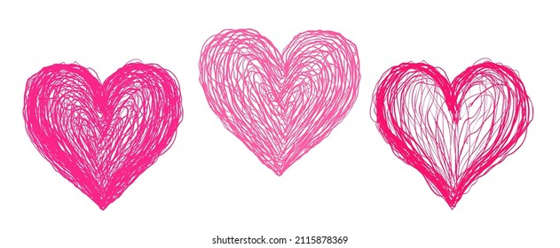 Los vectores establecen iconos del corazón en el estilo de dibujo de la mano. Imagen vectorial de los corazones rojos al estilo grunge para el día de San Valentín.
