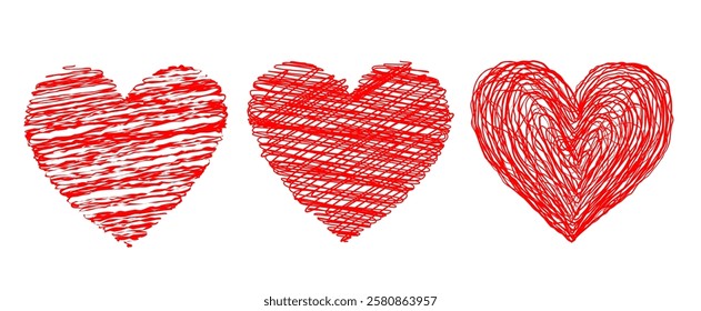 Vector set icons of heart in hand drawing style. Vector illustration of red hearts in grunge style for Valentines day.