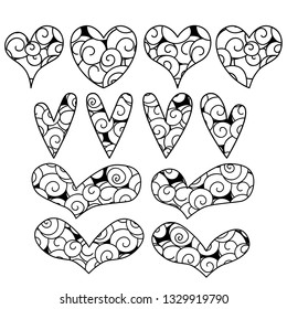 Vector set of icons. Hearts in zen doodle style with swirls. Black on white background. For coloring books and pages, interior design. Image suitable for laser cutting, plotter cutting or printing.